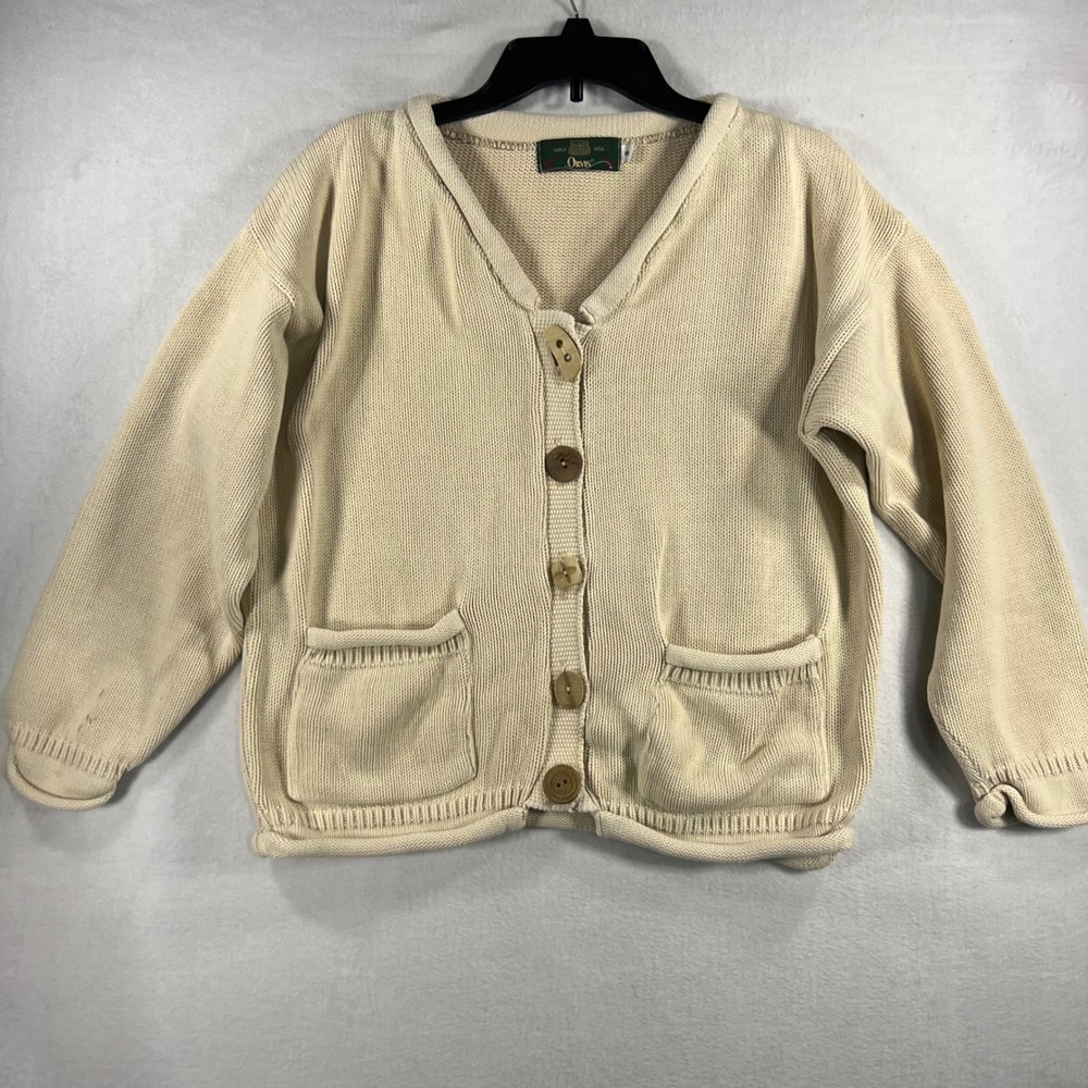 Orvis Cream Knit Wood Button Front Cardigan Sweater Pockets Size S
